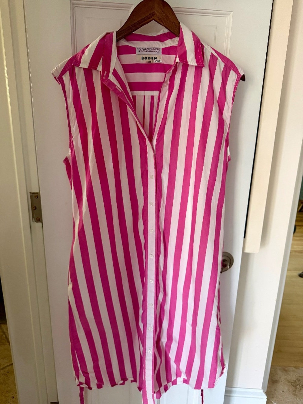 Boden Relaxed Cotton Shirt Dress sleeveless pink stripe belted midi